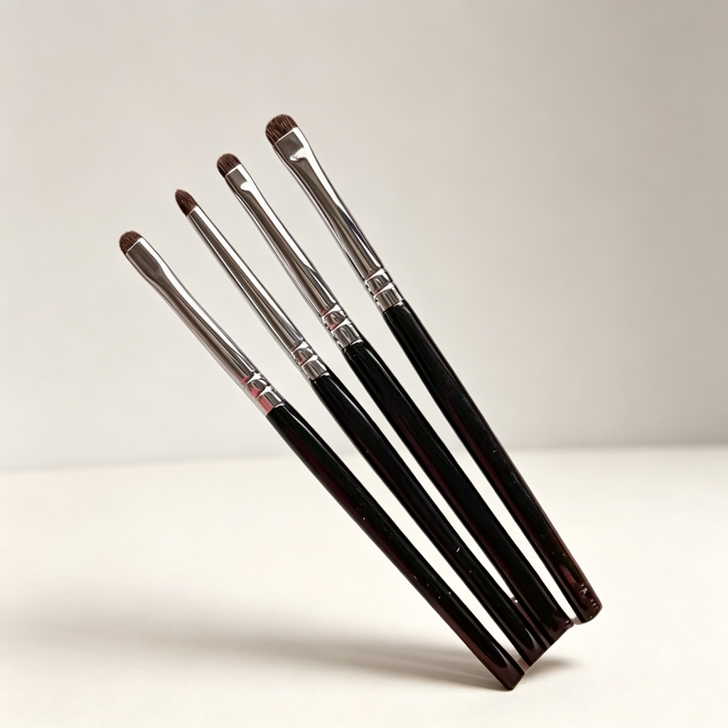 4-Piece Eye Detail Makeup Brush Set – Pony Hair, Includes Eyeshadow, Eyeliner, Aegyo Sal & Nose Contour Brushes, Black Handle with Silver Ferrule for Precise Application