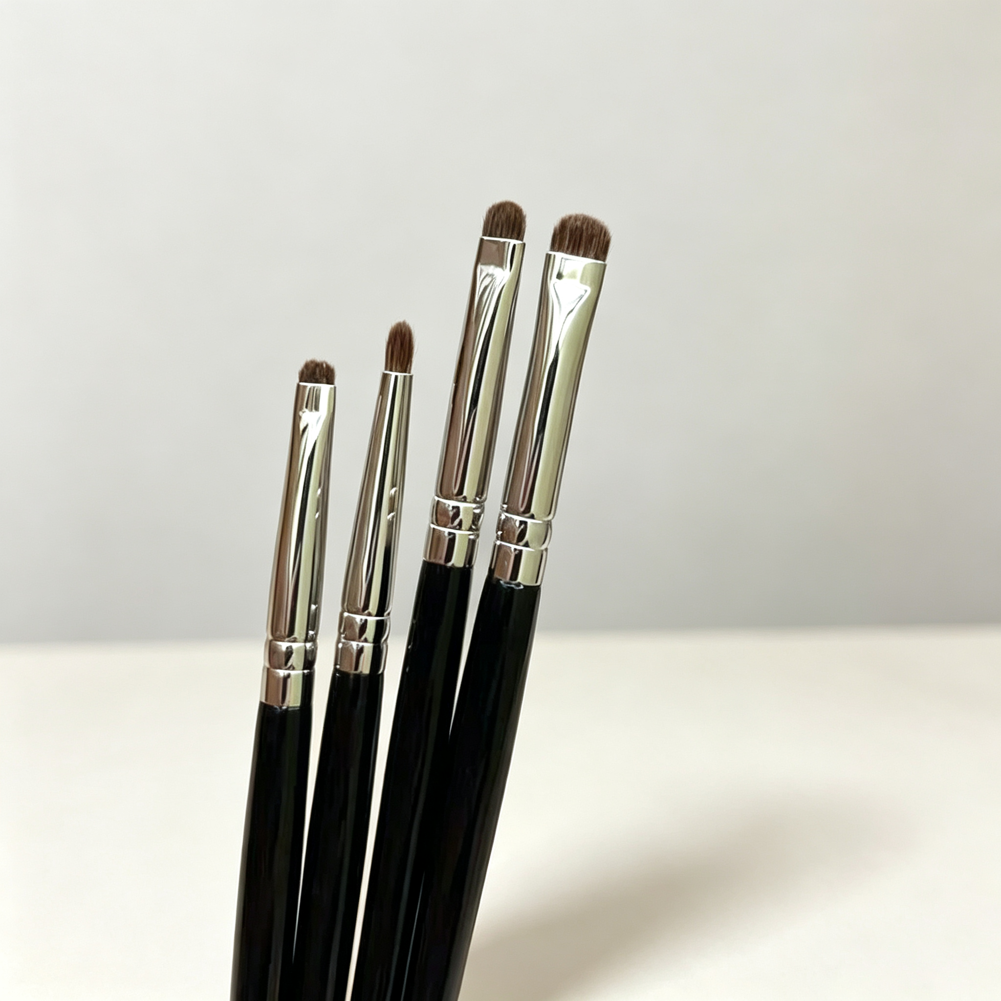 4-Piece Eye Detail Makeup Brush Set – Pony Hair, Includes Eyeshadow, Eyeliner, Aegyo Sal & Nose Contour Brushes, Black Handle with Silver Ferrule for Precise Application