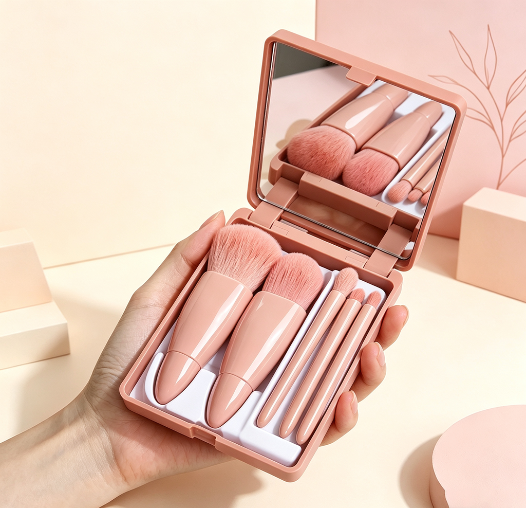 5-Piece Portable Makeup Brush Set – With Mirror Case, Includes Powder, Foundation, Blush, Eyeshadow & Blending Brushes, Pink Soft Bristles for Travel Beauty