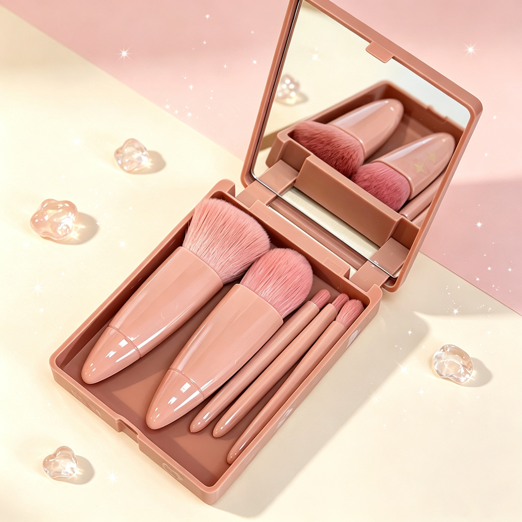 5-Piece Portable Makeup Brush Set – With Mirror Case, Includes Powder, Foundation, Blush, Eyeshadow & Blending Brushes, Pink Soft Bristles for Travel Beauty