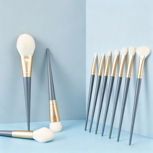10-Piece Portable Makeup Brush Set – Gray Handle + Gold Ferrule, Includes Powder, Blush, Eyeshadow, Highlighter, Contour & Foundation Brushes, Comes with Storage Bag