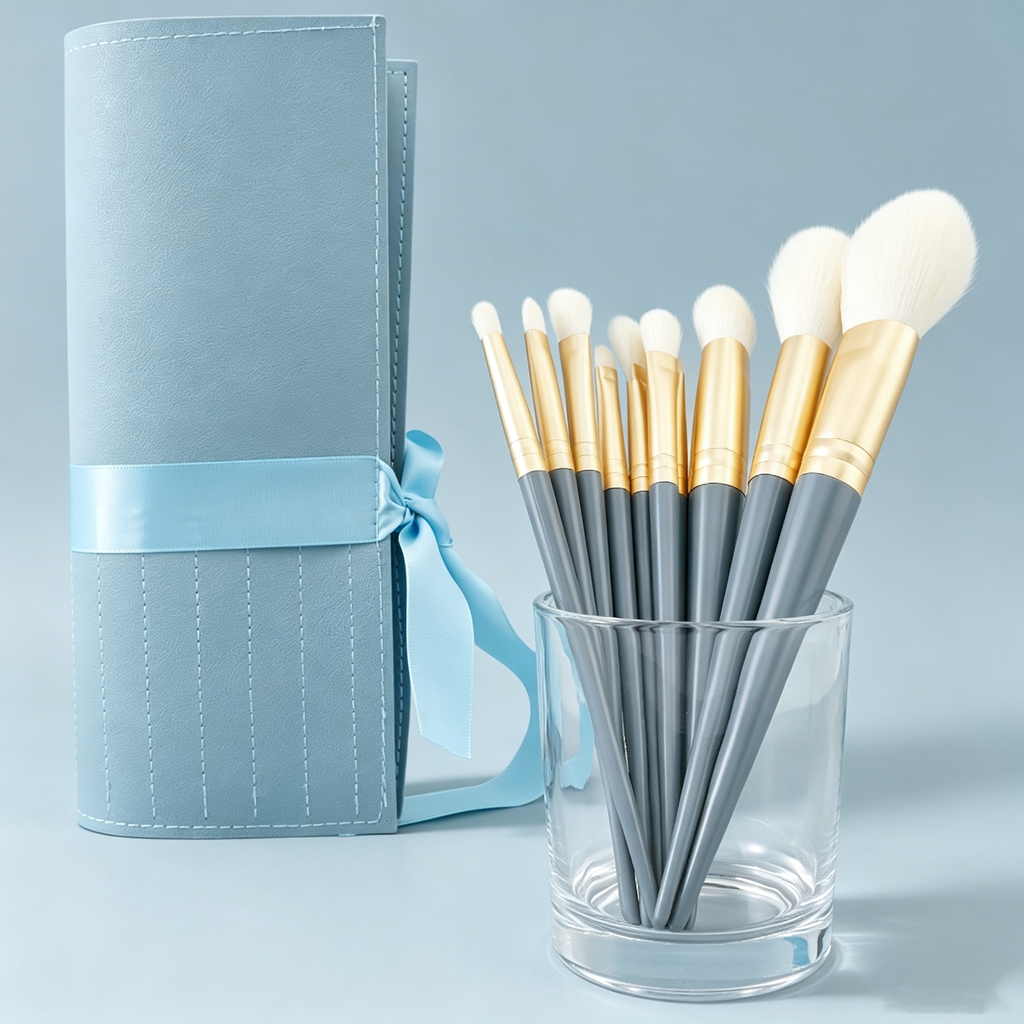 10-Piece Portable Makeup Brush Set – Gray Handle + Gold Ferrule, Includes Powder, Blush, Eyeshadow, Highlighter, Contour & Foundation Brushes, Comes with Storage Bag