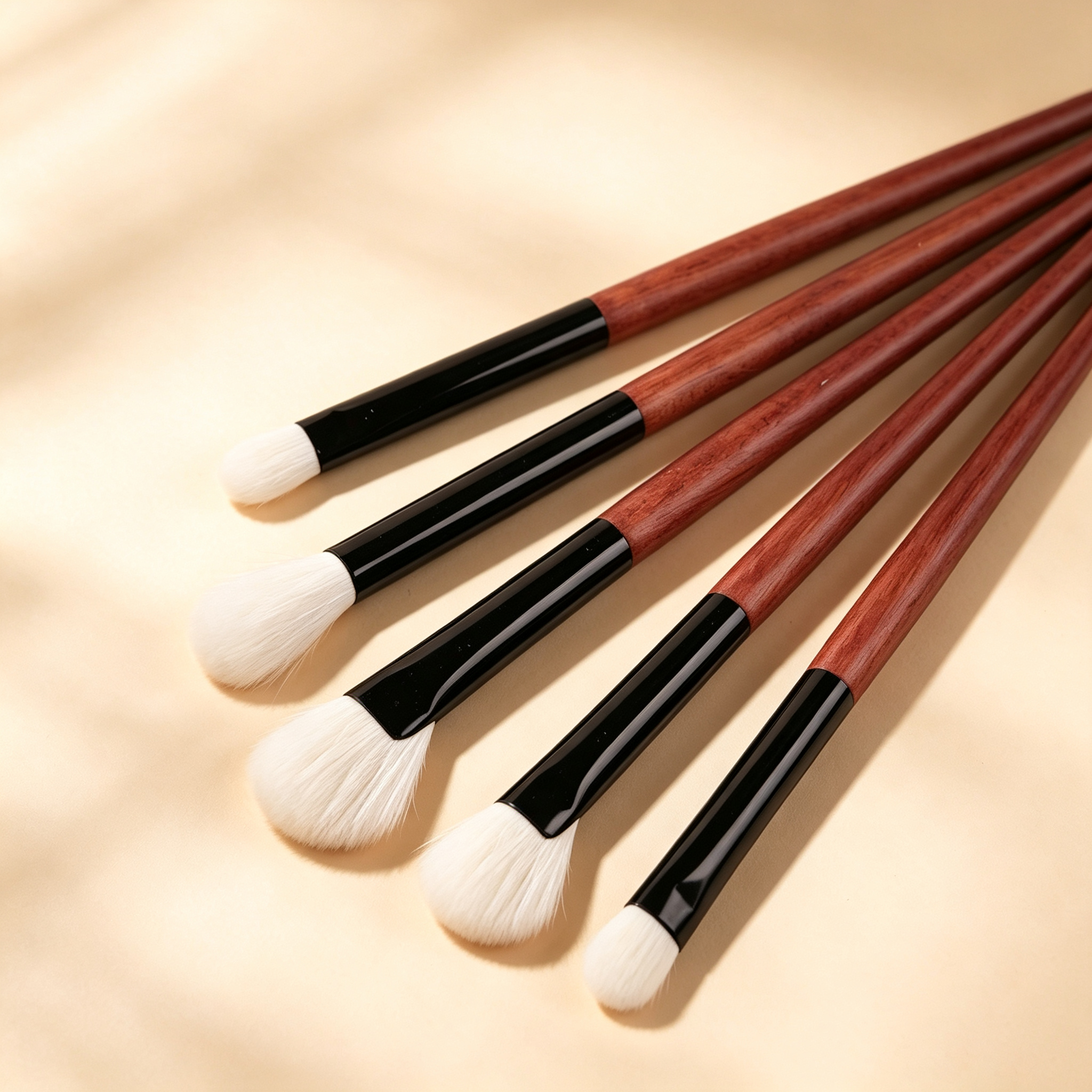5-Piece Wooden Handle Eyeshadow Brush Set – White Wool, Includes Base, Blending, Detail & Nose Contour Brushes, Rosewood Handle + Black Ferrule for Precise Application