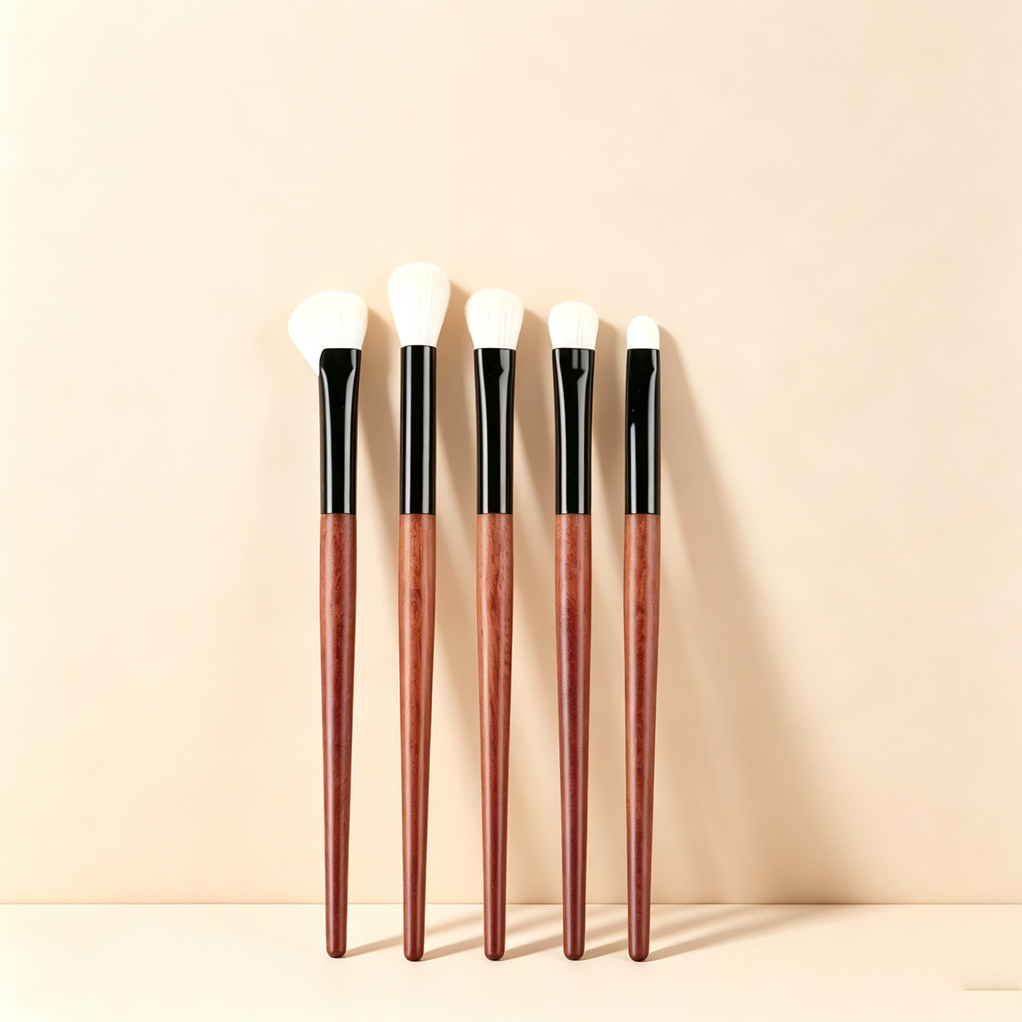 5-Piece Wooden Handle Eyeshadow Brush Set – White Wool, Includes Base, Blending, Detail & Nose Contour Brushes, Rosewood Handle + Black Ferrule for Precise Application