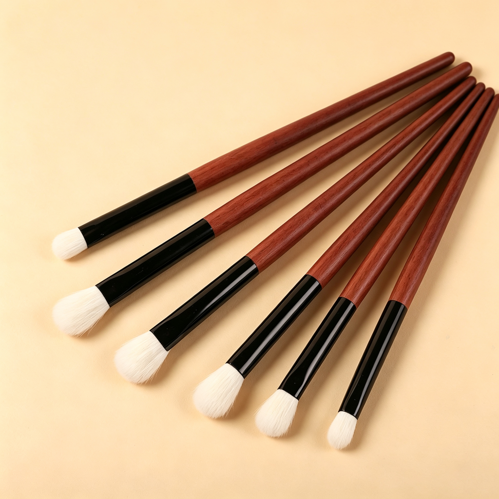 5-Piece Wooden Handle Eyeshadow Brush Set – White Wool, Includes Base, Blending, Detail & Nose Contour Brushes, Rosewood Handle + Black Ferrule for Precise Application