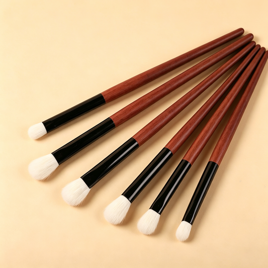5-Piece Wooden Handle Eyeshadow Brush Set – White Wool, Includes Base, Blending, Detail & Nose Contour Brushes, Rosewood Handle + Black Ferrule for Precise Application